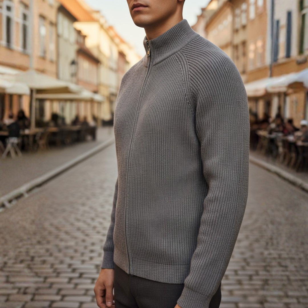 Men's ribbed knit cardigan with stand collar and full zip
