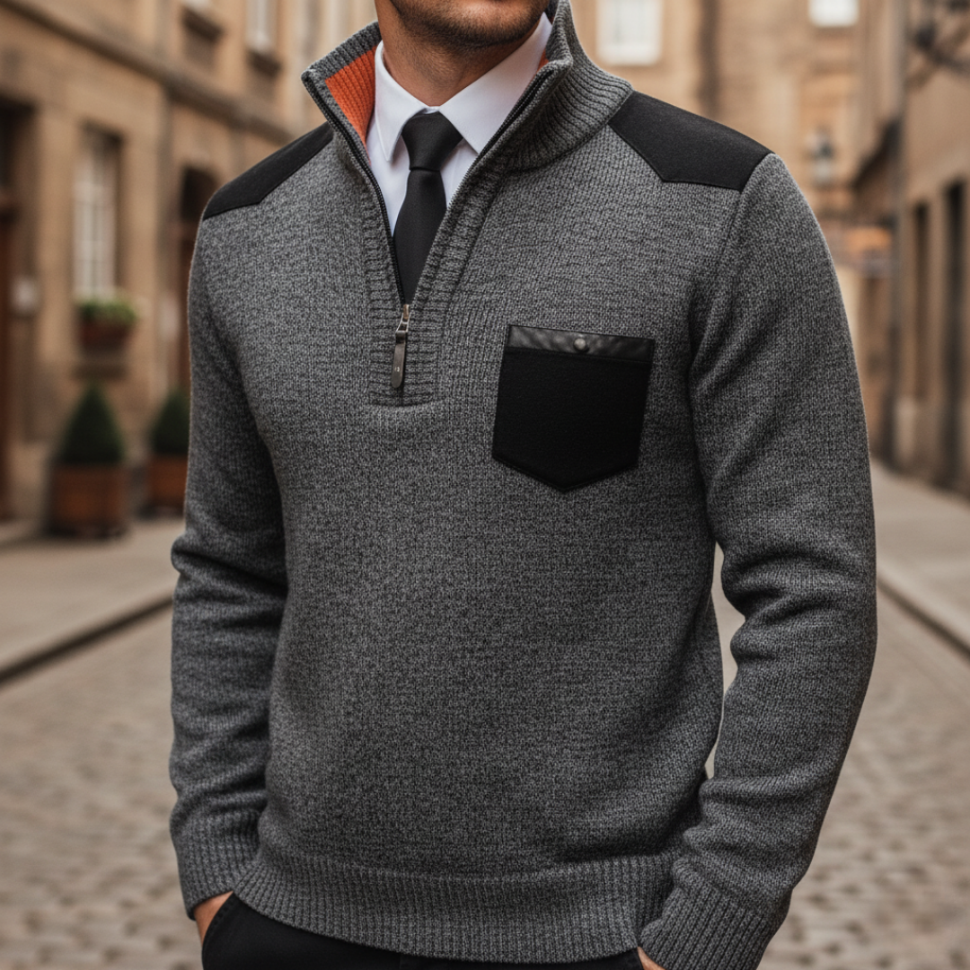 Men's half-zip sweater with mock neck and contrast details
