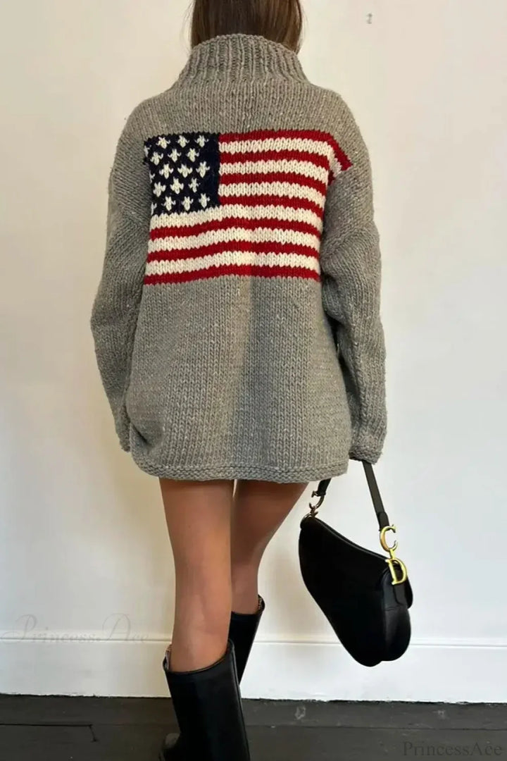 High-neck sweater with a flag graphic