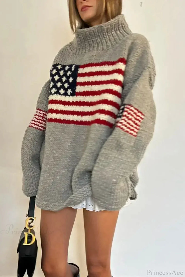High-neck sweater with a flag graphic