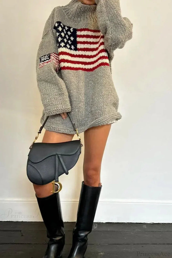 High-neck sweater with a flag graphic
