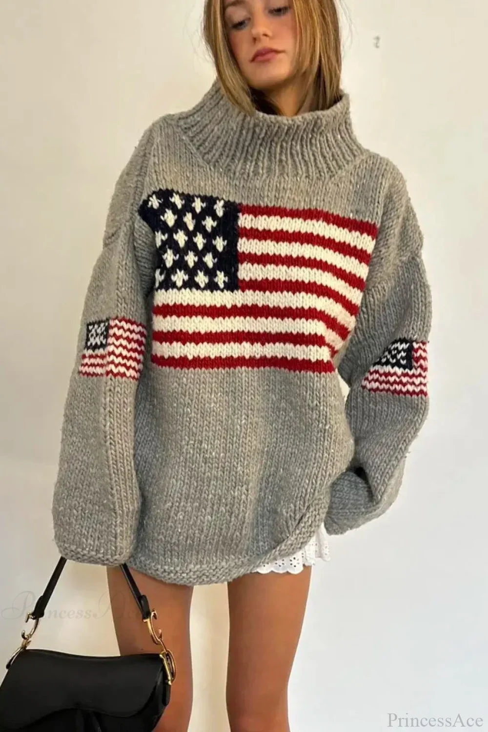 High-neck sweater with a flag graphic