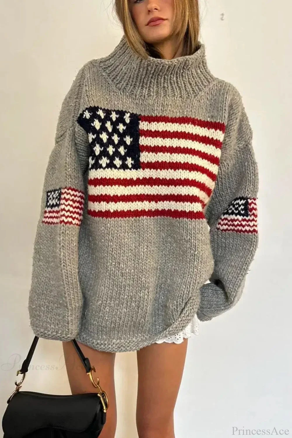 High-neck sweater with a flag graphic