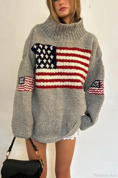 High-neck sweater with a flag graphic