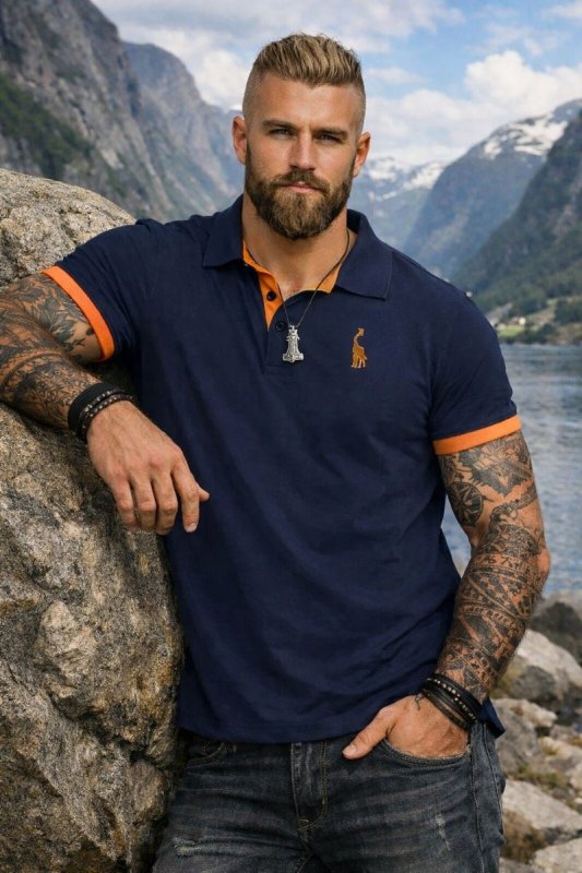 Men's short-sleeve polo shirt with contrast collar and sleeve trims