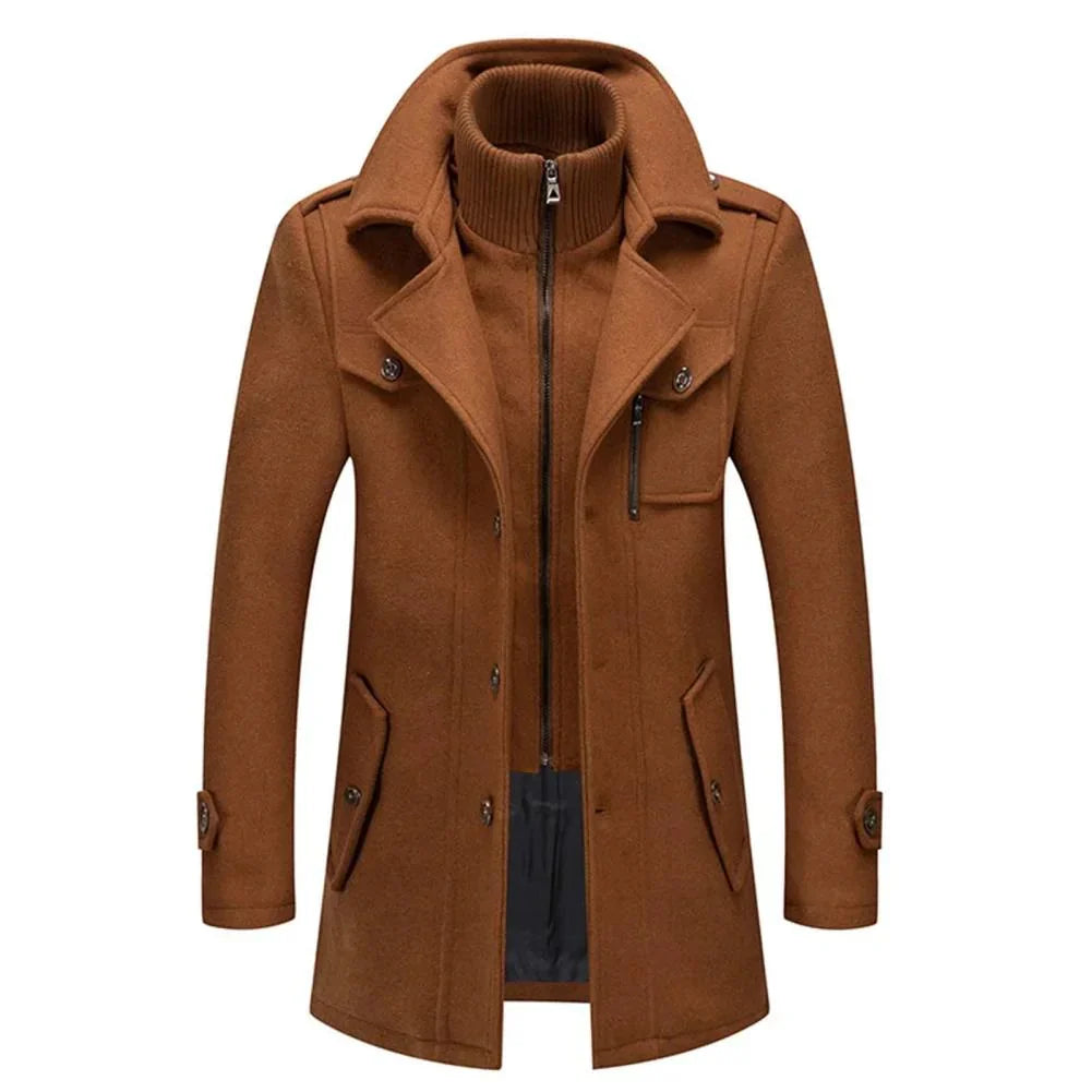 Men's long two-piece coat with high collar, lapels, pockets and long sleeves
