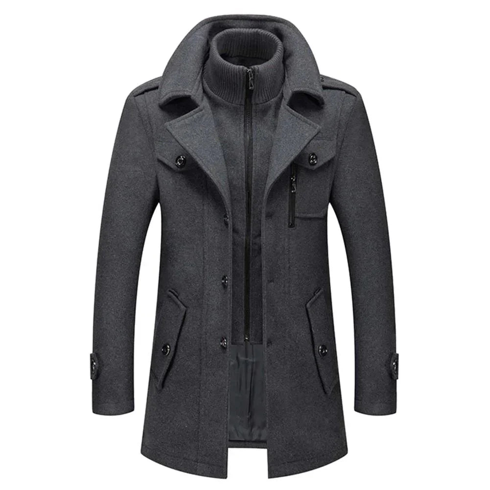 Men's long two-piece coat with high collar, lapels, pockets and long sleeves