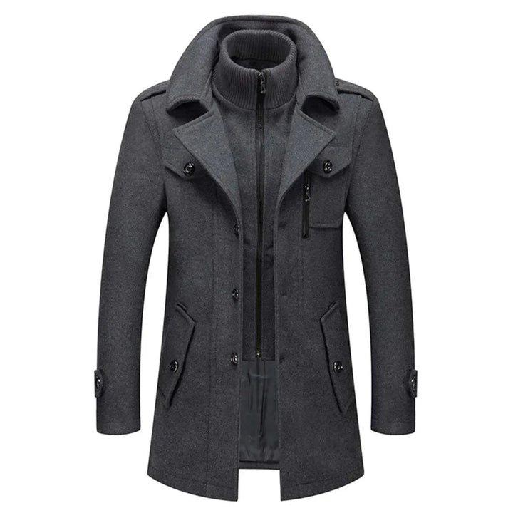 Men's long two-piece coat with high collar, lapels, pockets and long sleeves