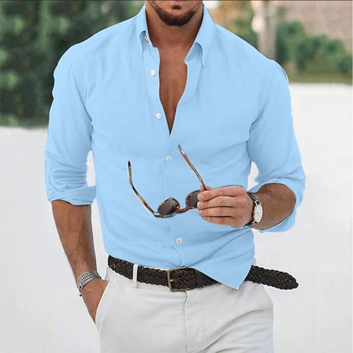 Men's long sleeve button front shirt with stand collar