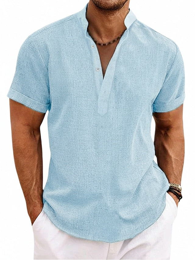 Men's light blue short sleeve V-neck shirt with button front