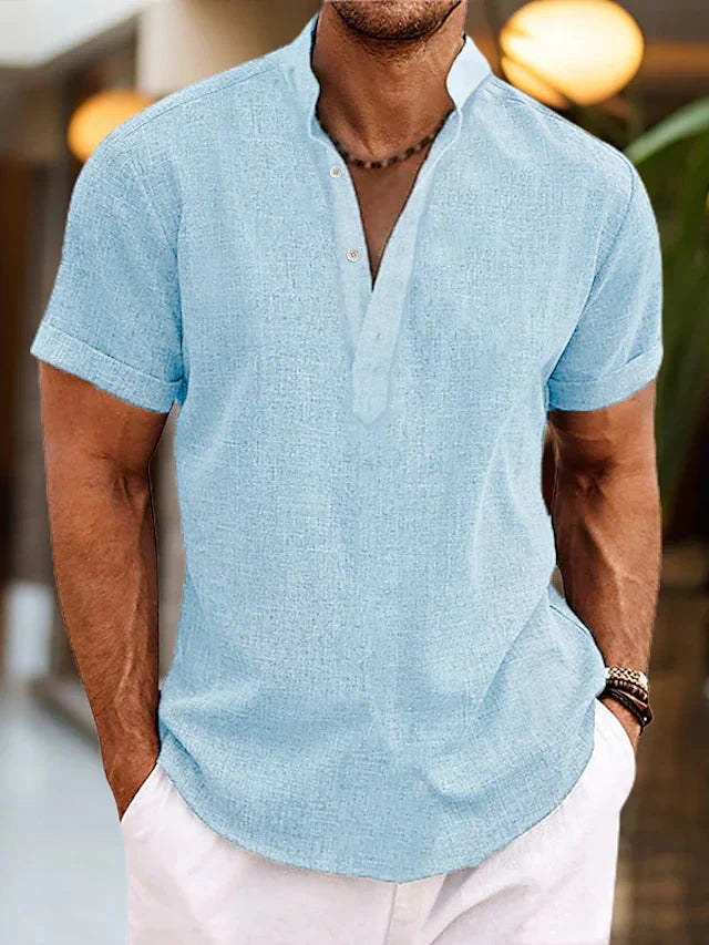 Men's pink short sleeve v-neck shirt with button front