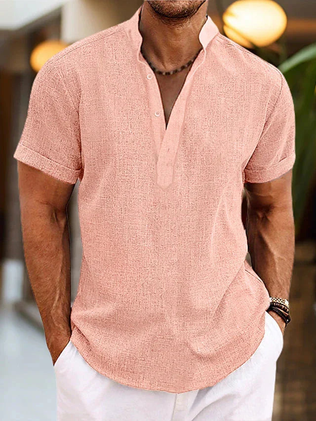 Men's pink short sleeve v-neck shirt with button front
