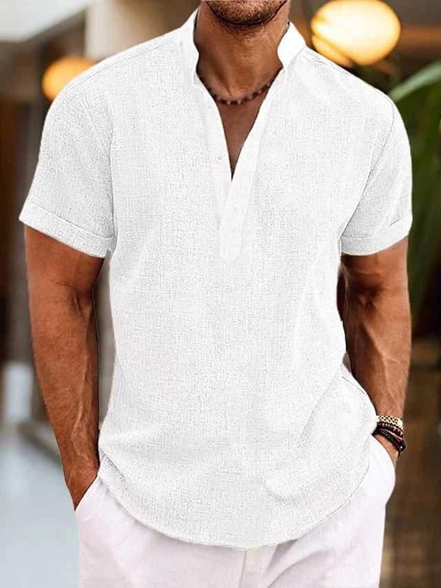 Men's light blue short sleeve V-neck shirt with button front