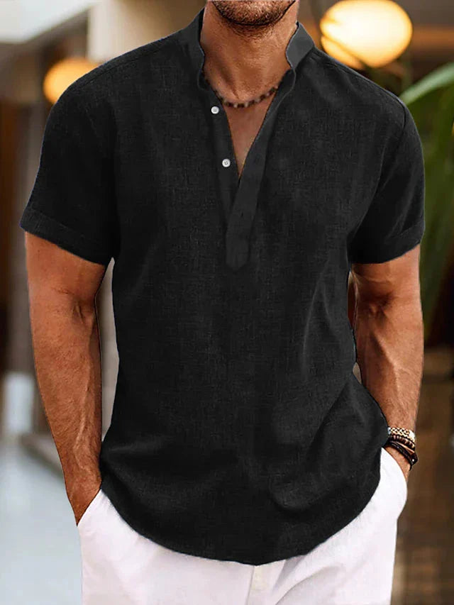 Men's pink short sleeve v-neck shirt with button front