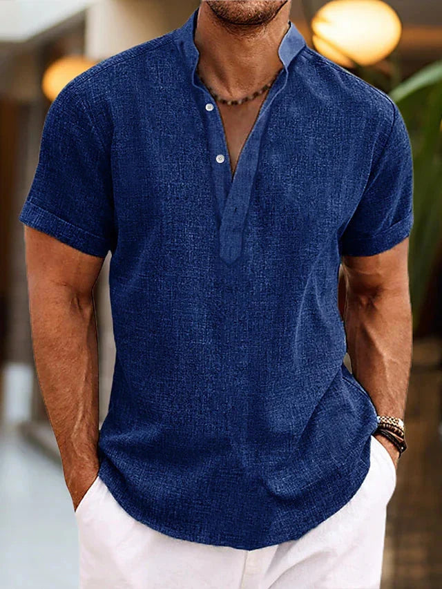 Men's light blue short sleeve V-neck shirt with button front
