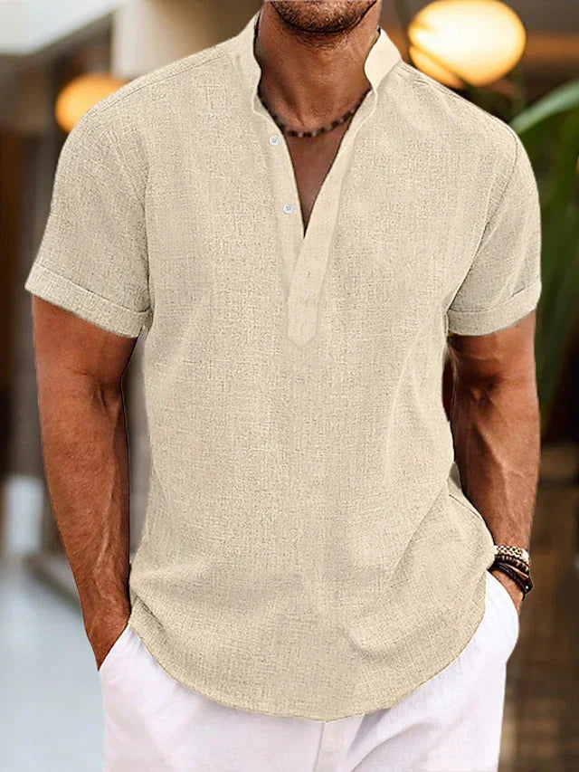 Men's light blue short sleeve V-neck shirt with button front