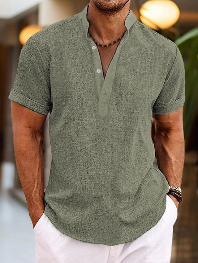 Men's pink short sleeve v-neck shirt with button front