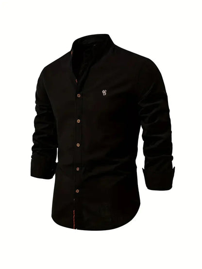 Men's long-sleeve stand collar shirt with button front and curved hem
