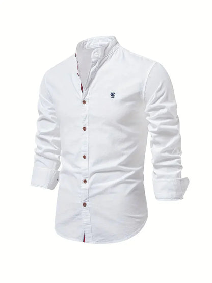 Men's long-sleeve stand collar shirt with button front and curved hem