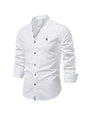 Men's long-sleeve stand collar shirt with button front and curved hem
