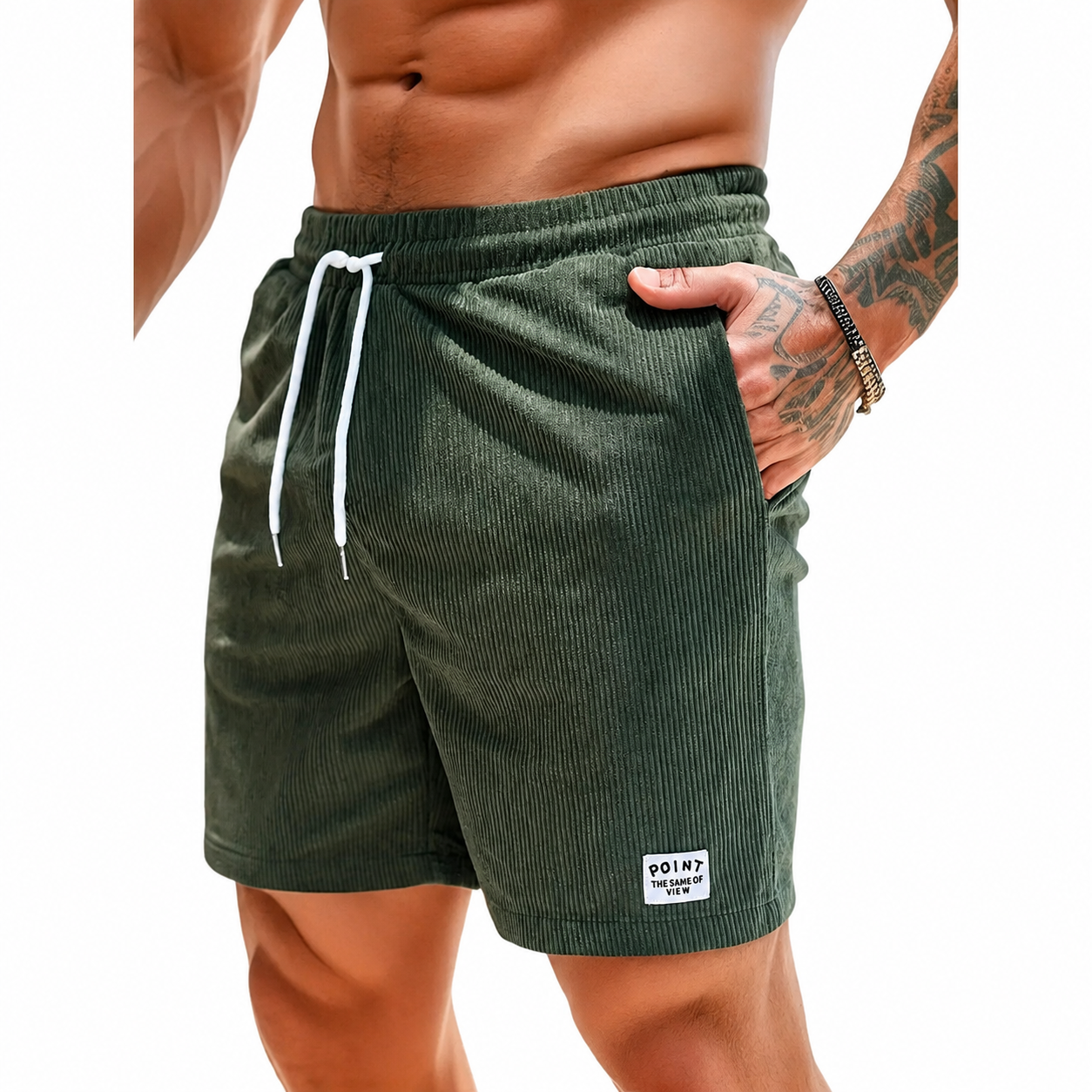 Men's relaxed fit shorts with elastic waist and drawstring, shown in green and beige