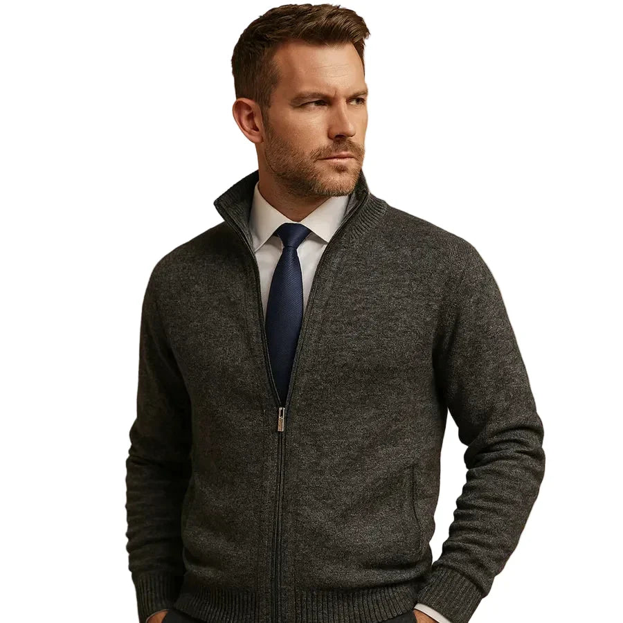 Men's stand collar knit cardigan with full zipper and pockets