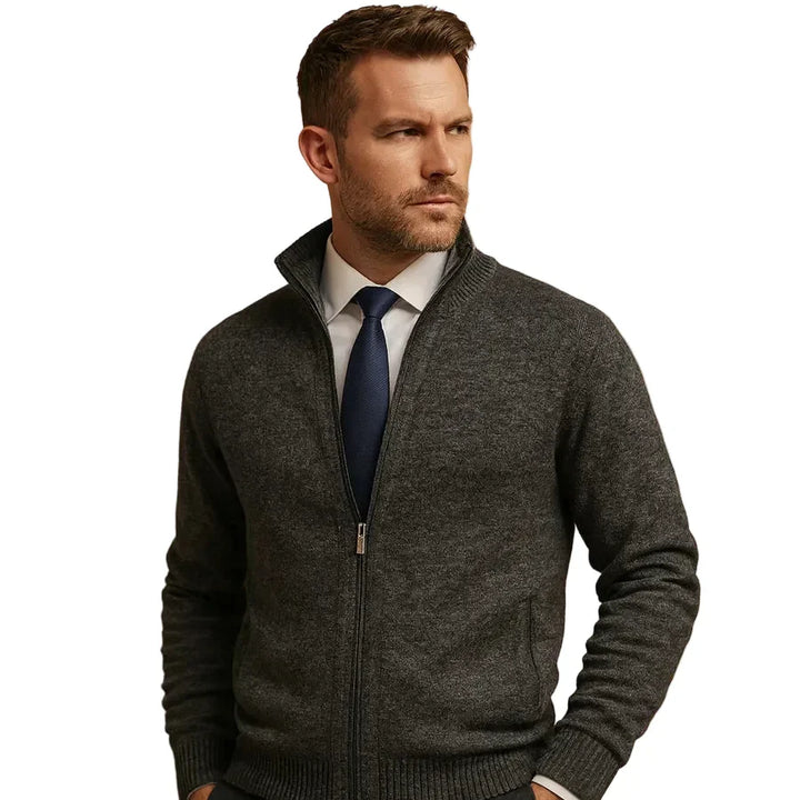 Men's stand collar knit cardigan with full zipper and pockets