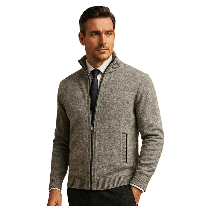 Men's stand collar knit cardigan with full zipper and pockets