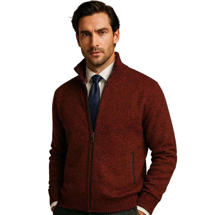 Men's stand collar knit cardigan with full zipper and pockets