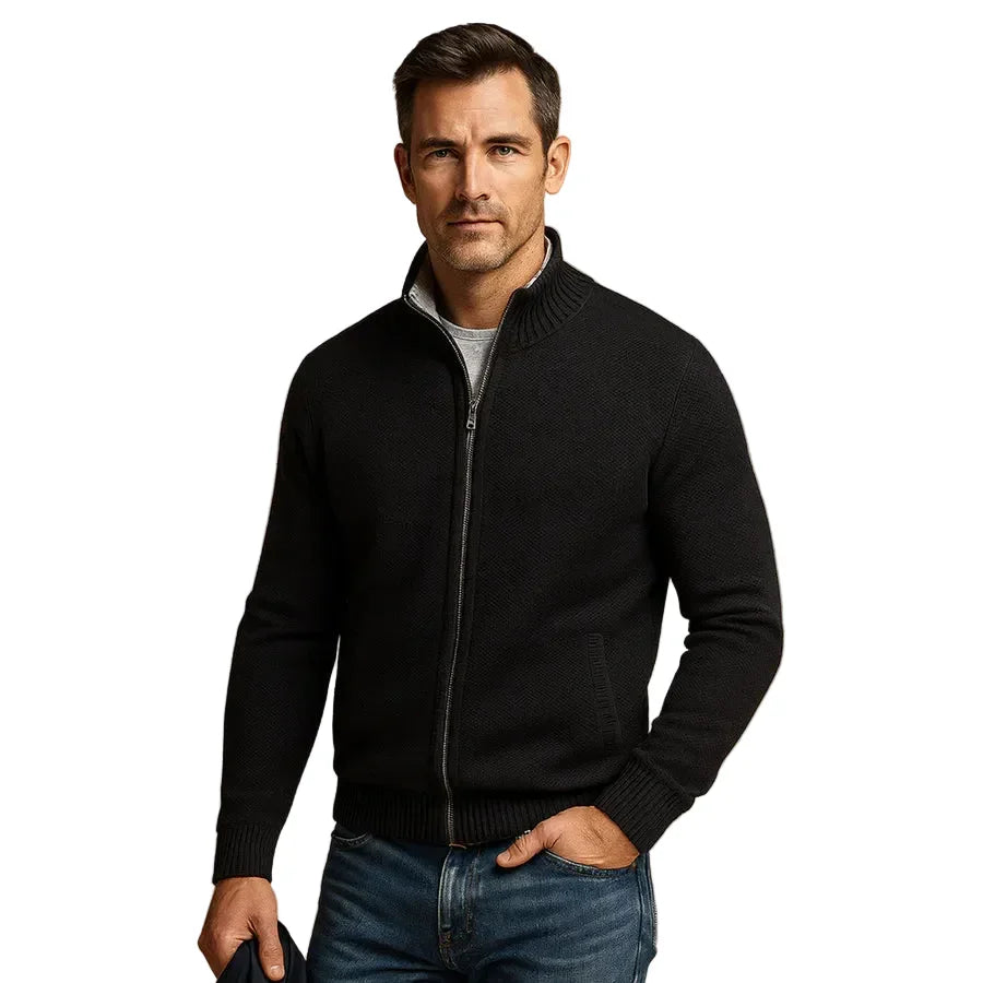 Men's stand collar knit cardigan with full zipper and pockets