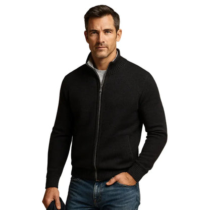 Men's stand collar knit cardigan with full zipper and pockets