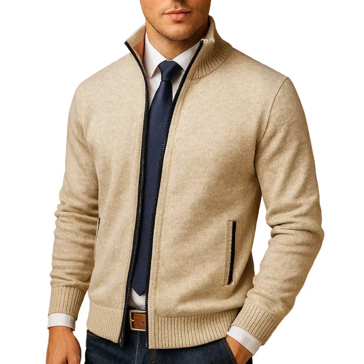 Men's stand collar knit cardigan with full zipper and pockets