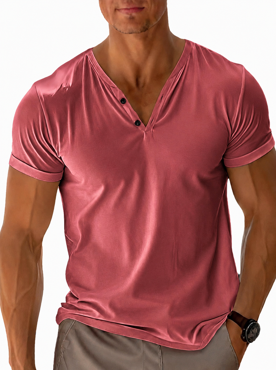 Men's white and grey henley t-shirt with v-neck and short sleeves