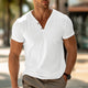 Men's white and grey henley t-shirt with v-neck and short sleeves