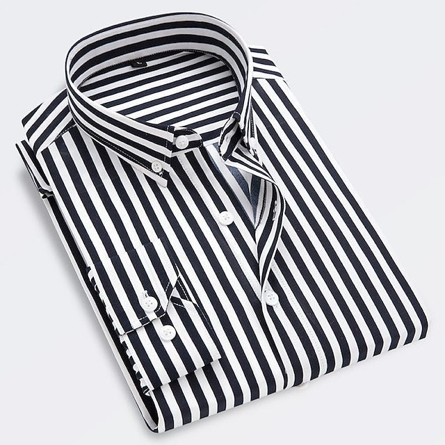 Men's Striped Cotton Shirt, Slim Fit Lightweight Button-Down Summer Shirt Short Sleeve