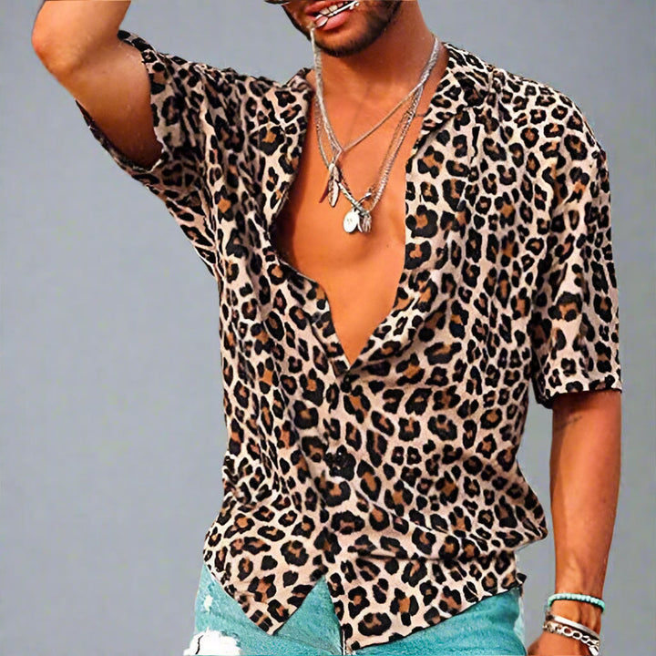 Men's Leopard Print Shirt, Short Sleeve Lightweight Casual Summer Shirt, Breathable
