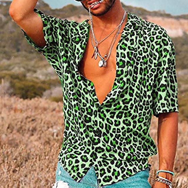 Men's Leopard Print Shirt, Short Sleeve Lightweight Casual Summer Shirt, Breathable