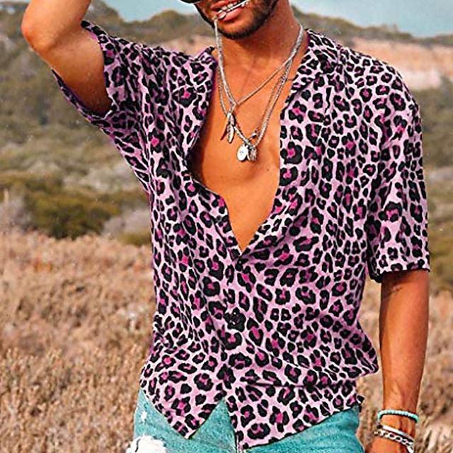 Men's Leopard Print Shirt, Short Sleeve Lightweight Casual Summer Shirt, Breathable