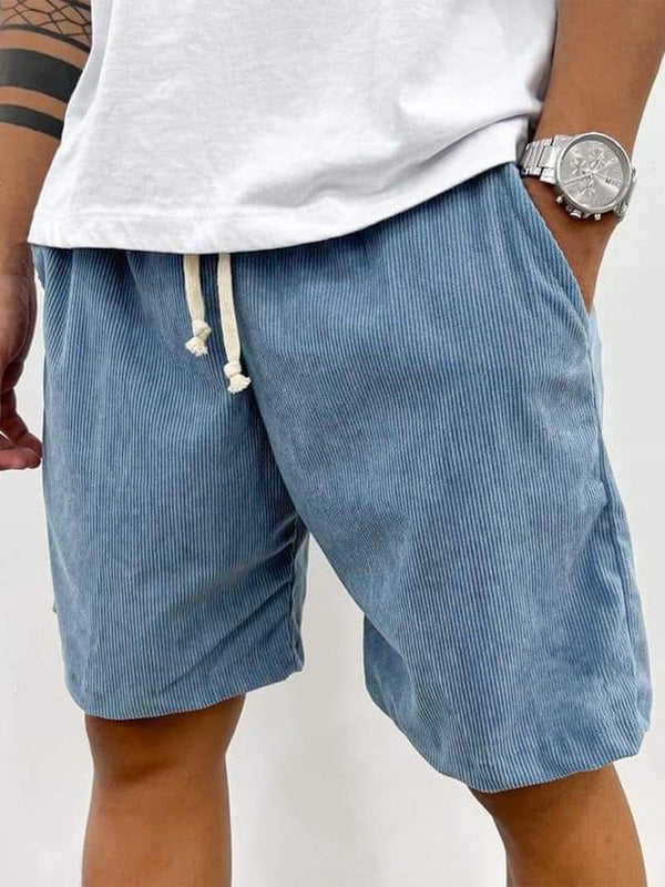 Men's casual shorts with vertical stripe texture, fitted thigh, and cream drawstring