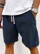 Men's blue striped drawstring shorts with cream ties, relaxed fit, knee length