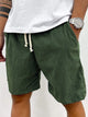Men's blue striped drawstring shorts with cream ties, relaxed fit, knee length