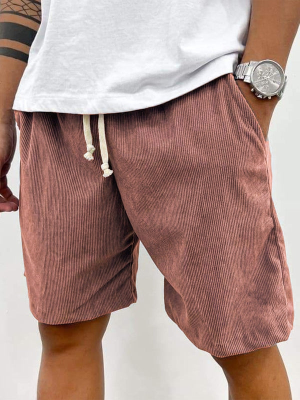 Men's blue striped drawstring shorts with cream ties, relaxed fit, knee length