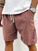 Men's blue striped drawstring shorts with cream ties, relaxed fit, knee length