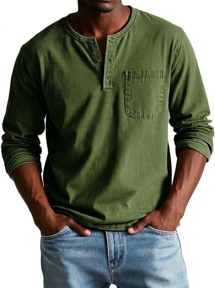 Men's long sleeve Henley shirt with button placket and chest pocket