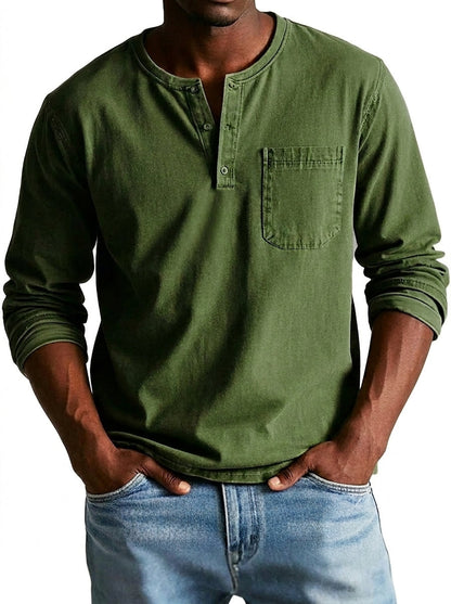 Men's long sleeve Henley shirt with button placket and chest pocket