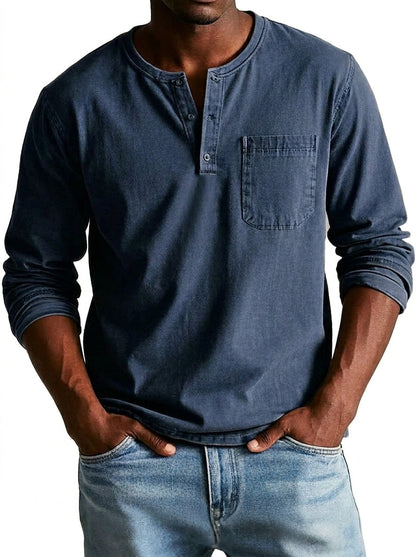 Men's long sleeve Henley shirt with button placket and chest pocket