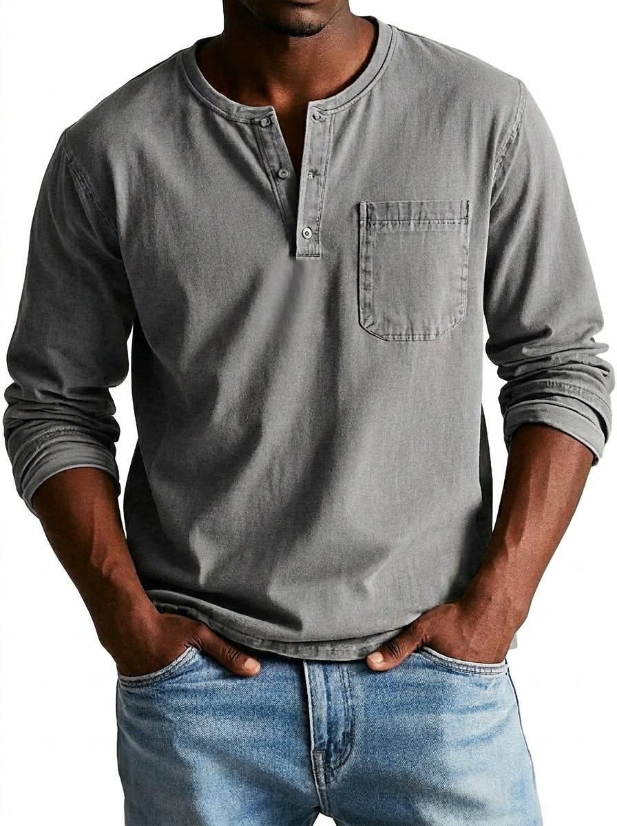 Men's long sleeve Henley shirt with button placket and chest pocket