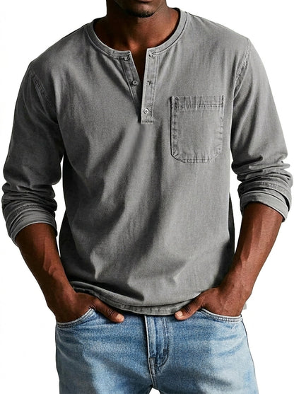 Men's long sleeve Henley shirt with button placket and chest pocket