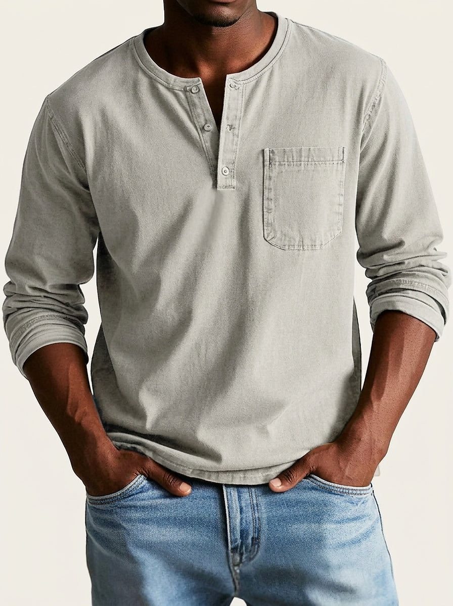 Men's long sleeve Henley shirt with button placket and chest pocket