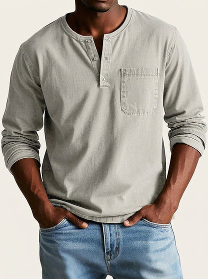 Men's long sleeve Henley shirt with button placket and chest pocket